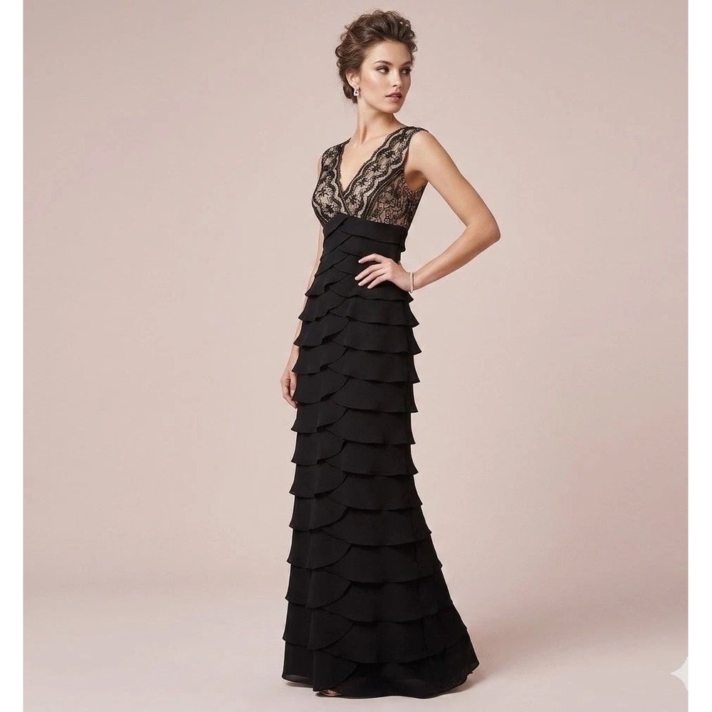Adrianna Papell Formal Black Maxi Dress Ruffles 14 Wedding Prom Lace Feminine